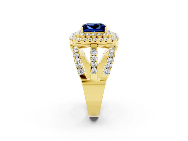 Yellow gold Double Halo Princess Cut Diamond Split Shank Pave Set Ring