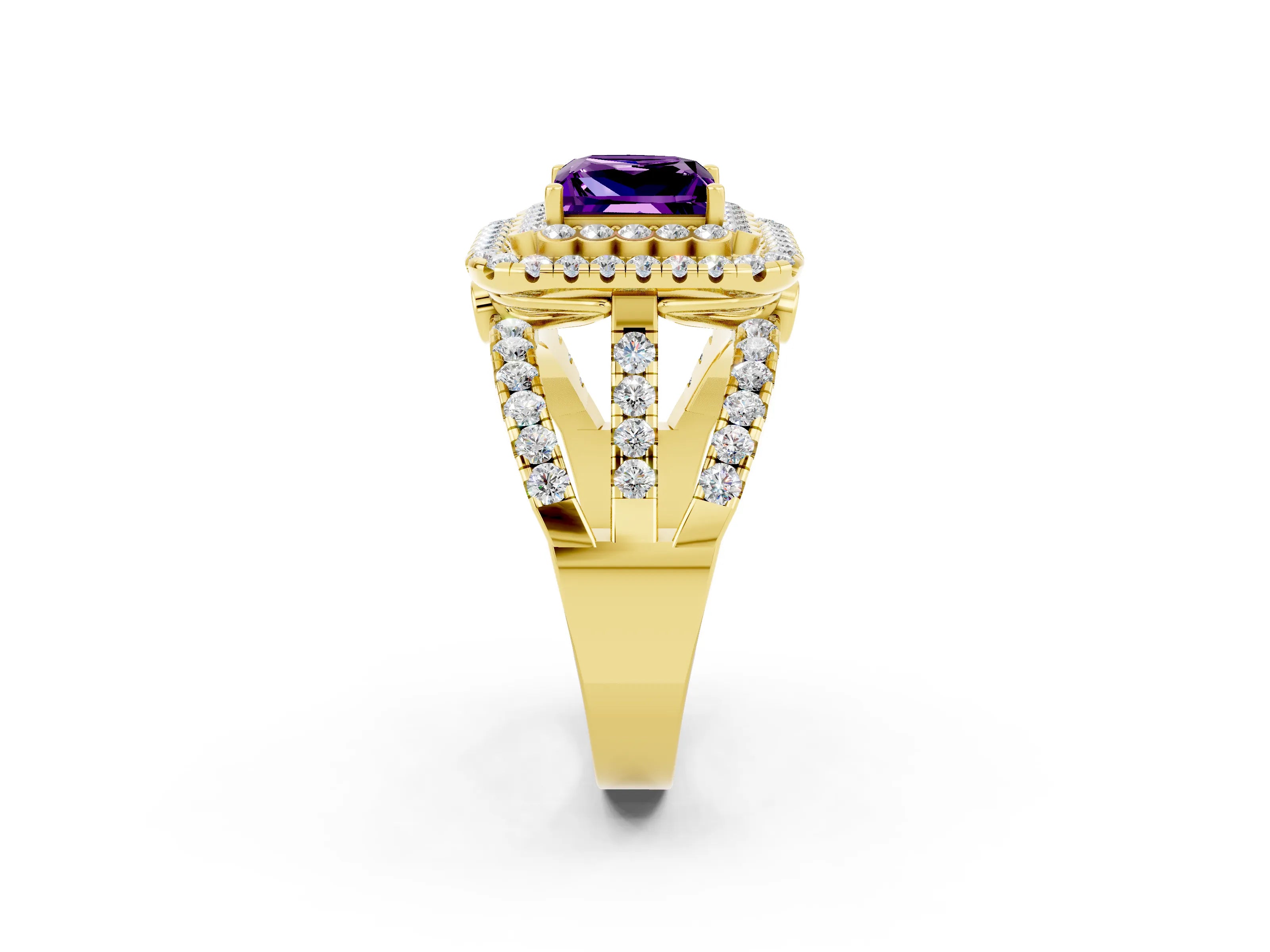 Yellow gold Double Halo Princess Cut Diamond Split Shank Pave Set Ring_2
