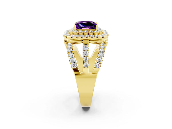 Yellow gold Princess Cut Amethyst Double Halo Ring with Round Pavé Split Shank and Prong Setting