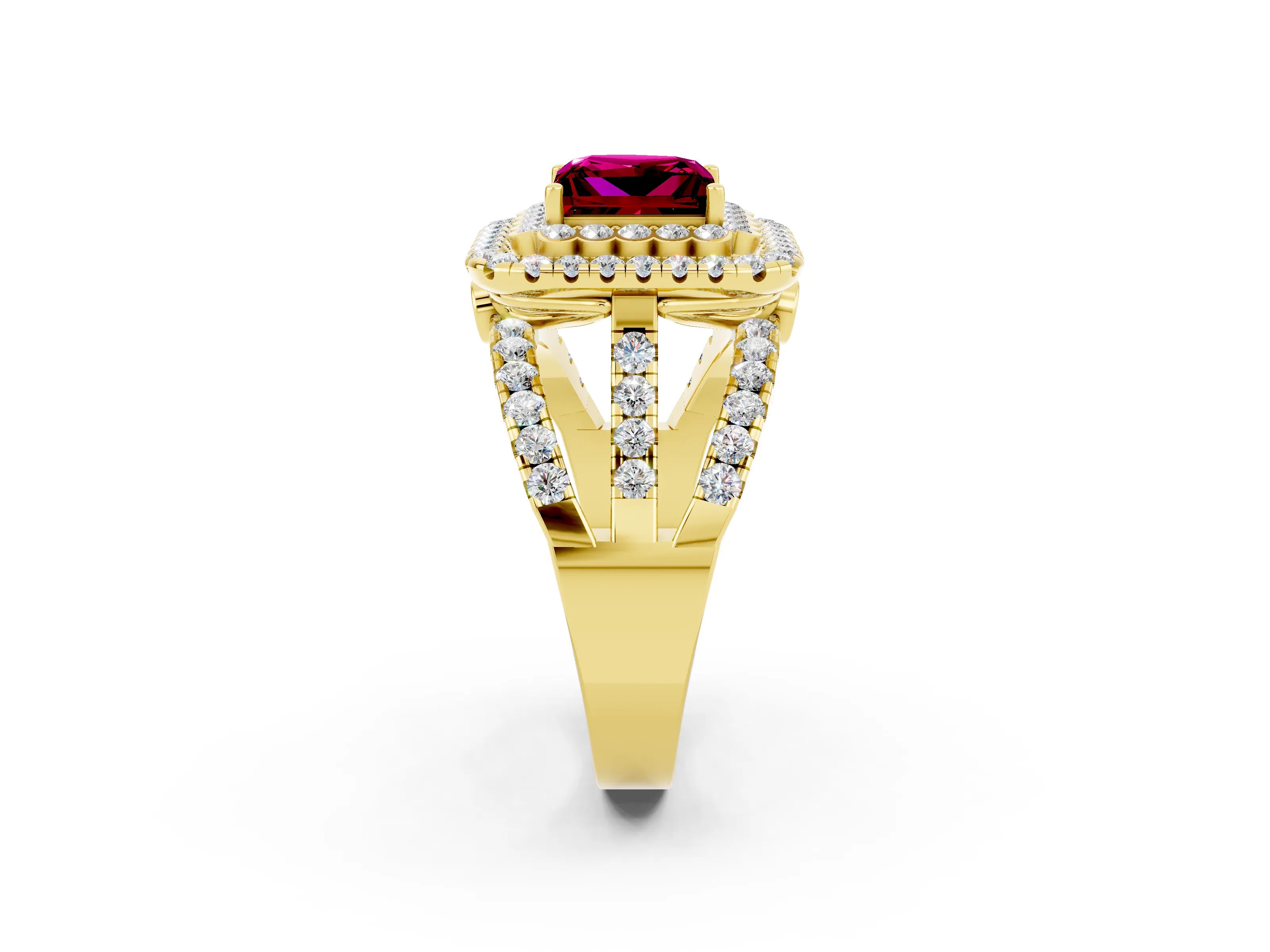 Yellow gold Double Halo Princess Cut Diamond Split Shank Pave Set Ring_2