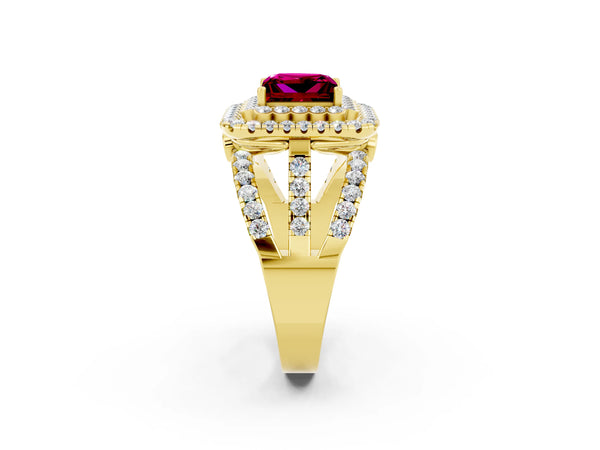 Yellow gold Princess Cut Garnet Double Halo Ring with Round Pavé Split Shank and Prong Setting