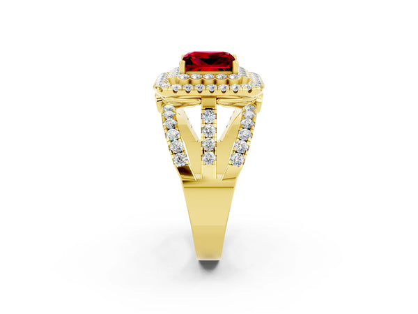 Yellow gold Double Halo Princess Cut Diamond Split Shank Pave Set Ring