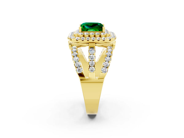 Yellow gold Princess Cut Emerald Double Halo Ring with Round Pavé Split Shank and Prong Setting