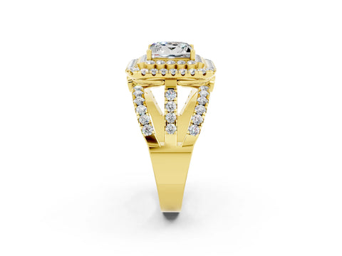 Yellow gold Double Halo Princess Cut Diamond Split Shank Pave Set Ring_2