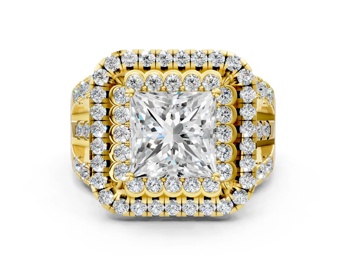 Yellow gold Double Halo Princess Cut Diamond Split Shank Pave Set Ring_3