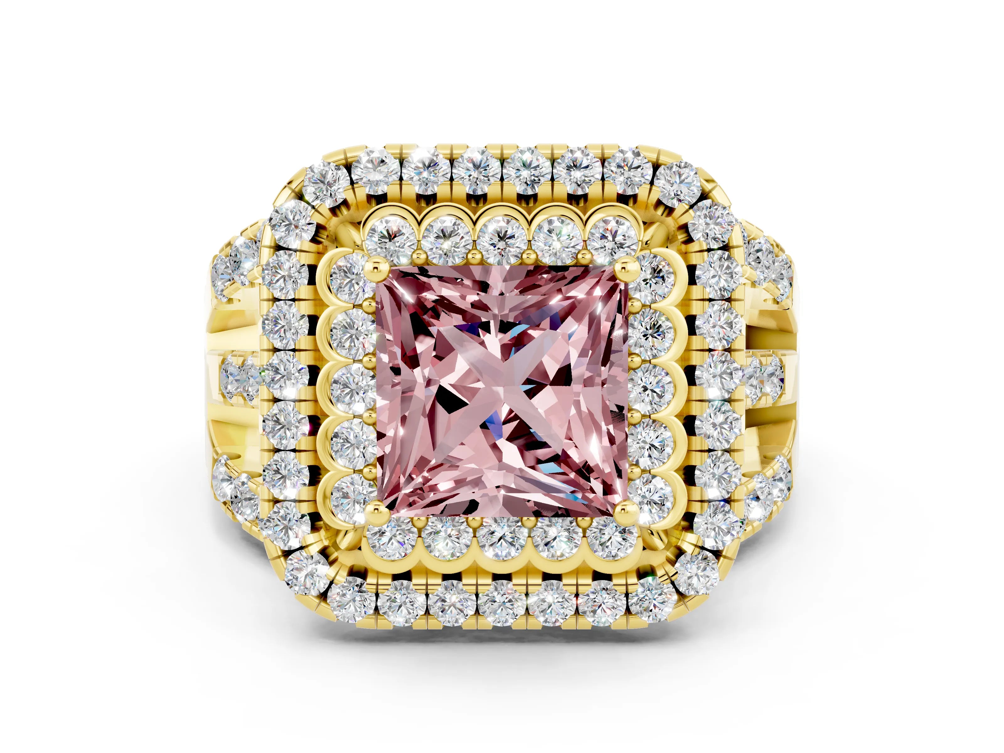 Yellow gold Double Halo Princess Cut Diamond Split Shank Pave Set Ring