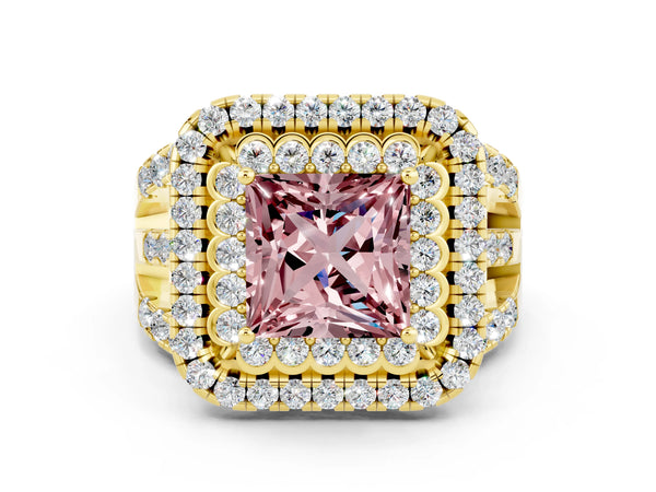 Yellow gold Double Halo Princess Cut Diamond Split Shank Pave Set Ring