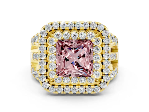 Yellow gold Double Halo Princess Cut Diamond Split Shank Pave Set Ring