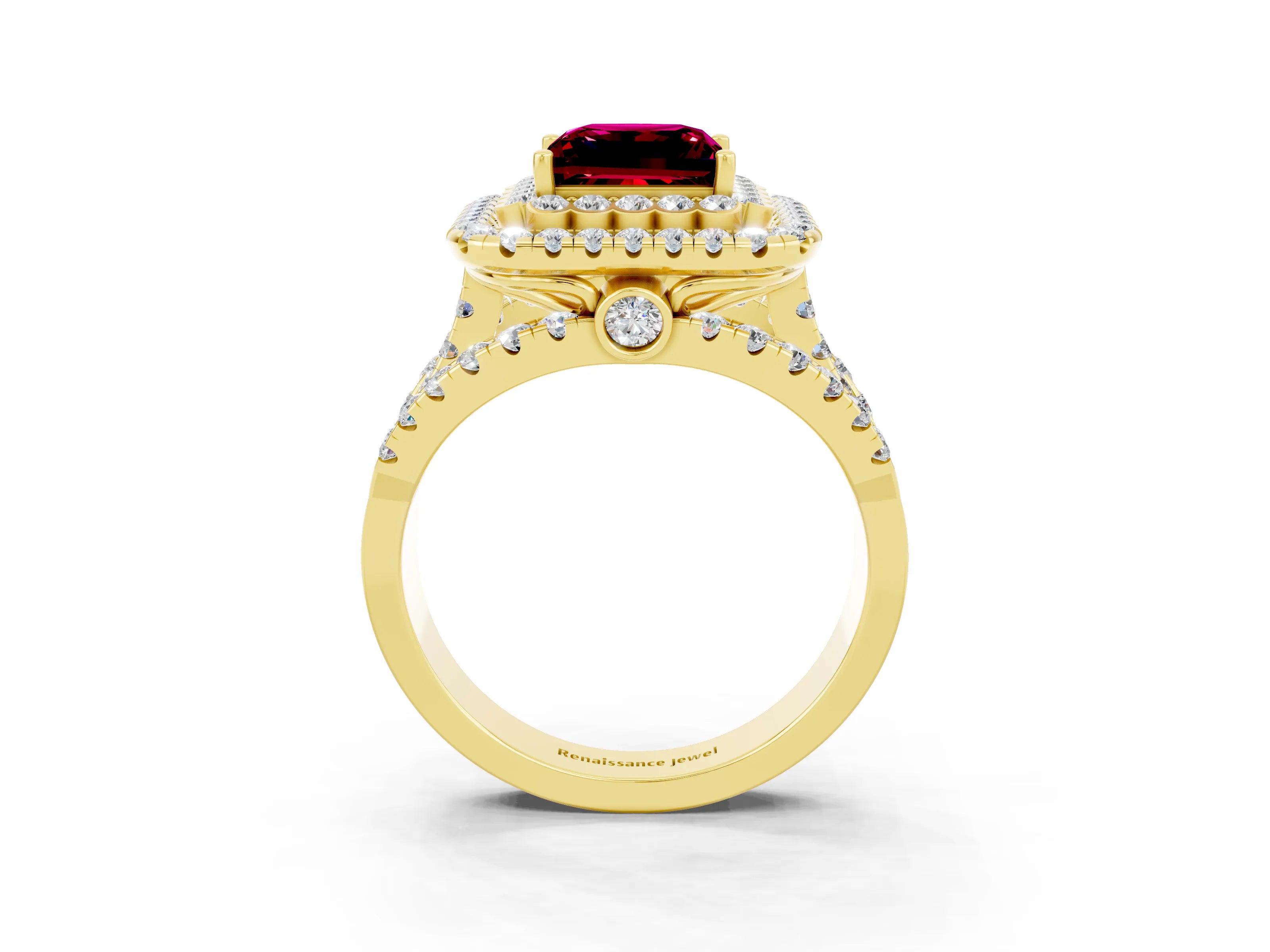 Yellow gold Double Halo Princess Cut Diamond Split Shank Pave Set Ring_3