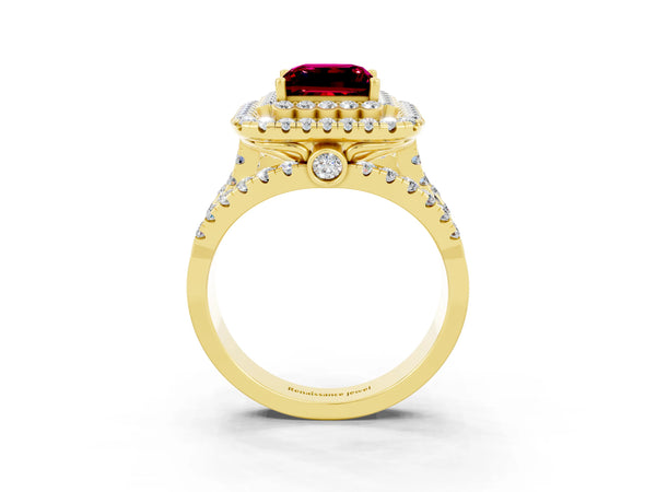 Yellow gold Princess Cut Garnet Double Halo Ring with Round Pavé Split Shank and Prong Setting