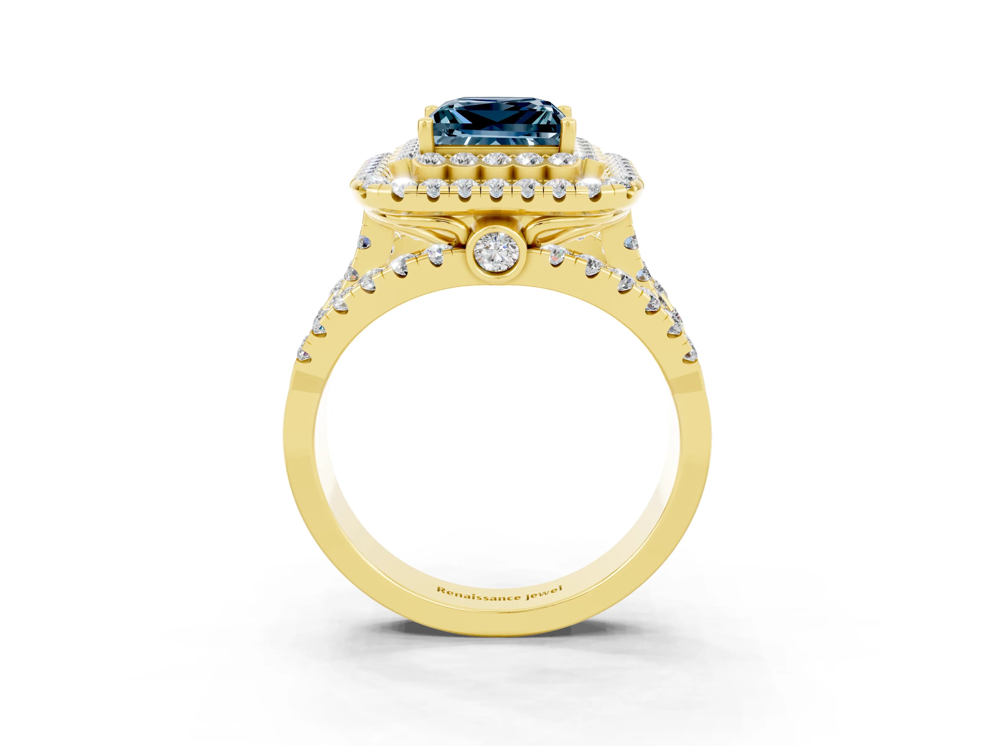 Yellow gold Double Halo Princess Cut Diamond Split Shank Pave Set Ring_3