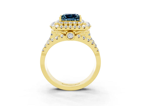 Yellow gold Double Halo Princess Cut Diamond Split Shank Pave Set Ring_3