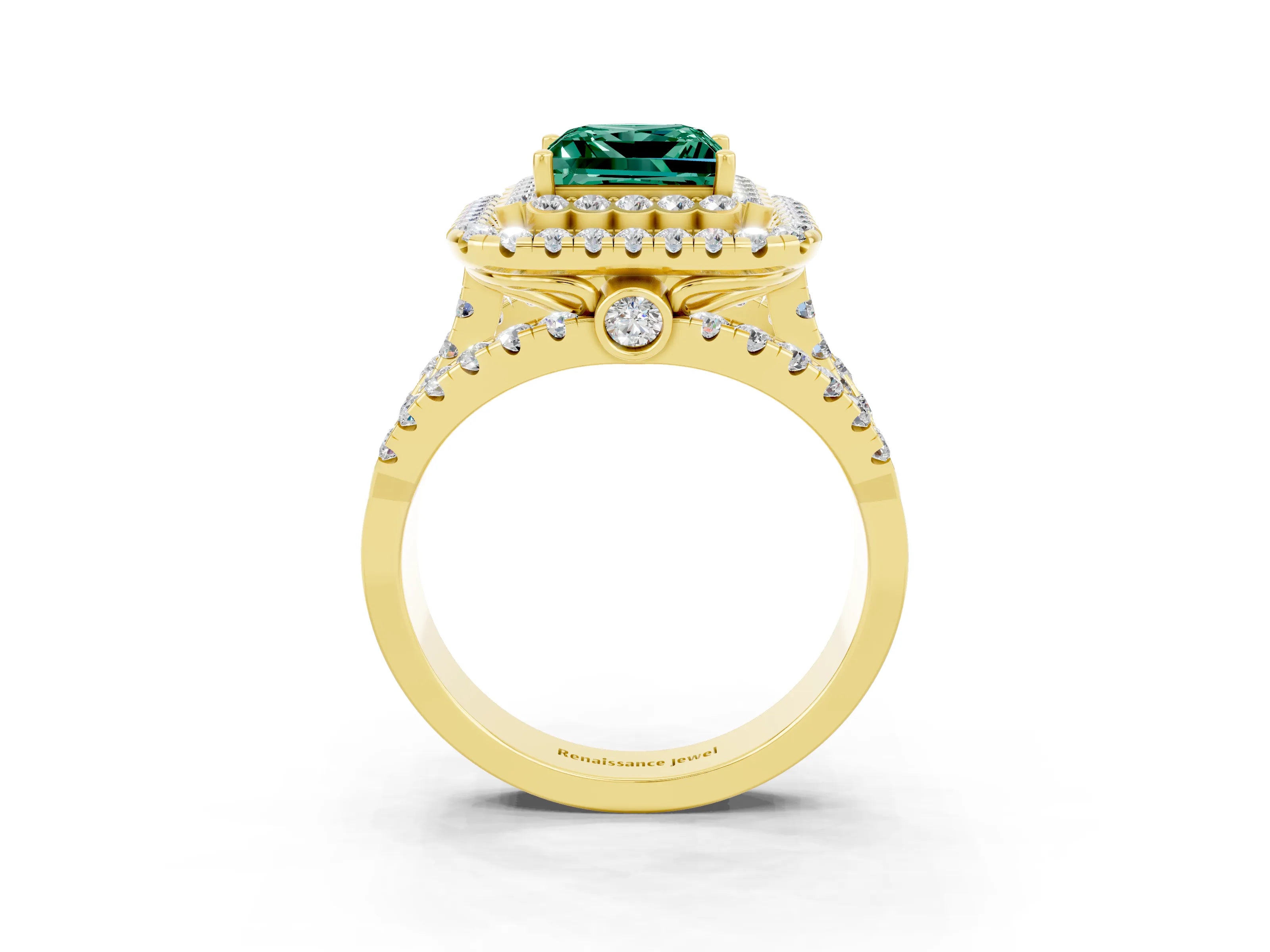 Yellow gold Double Halo Princess Cut Diamond Split Shank Pave Set Ring_3