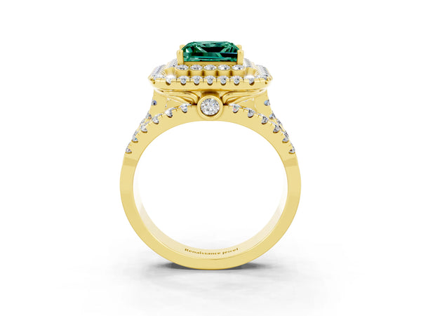 Yellow gold Princess Cut Green Sapphire Double Halo Ring with Round Pavé Split Shank and Prong Setting
