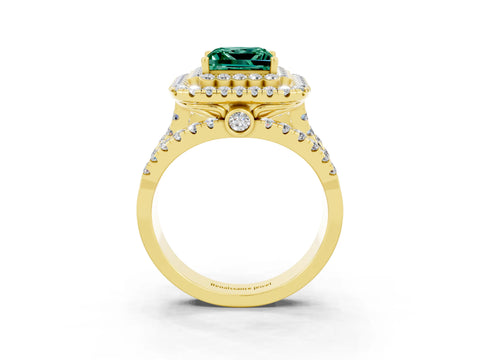 Yellow gold Double Halo Princess Cut Diamond Split Shank Pave Set Ring_3