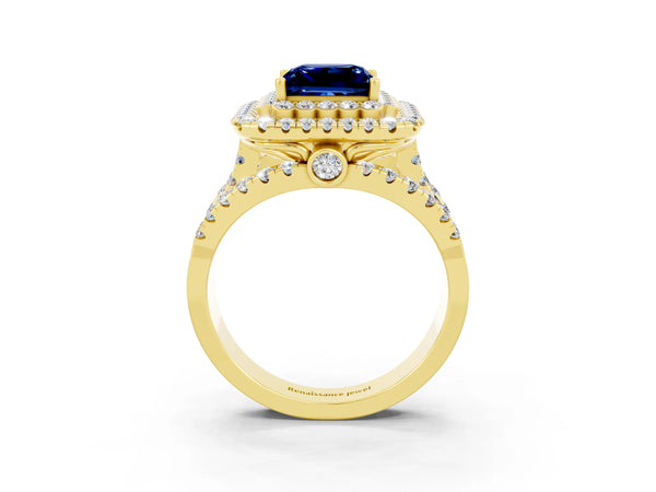 Yellow gold Double Halo Princess Cut Diamond Split Shank Pave Set Ring