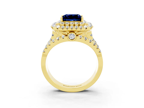 Yellow gold Double Halo Princess Cut Diamond Split Shank Pave Set Ring_3