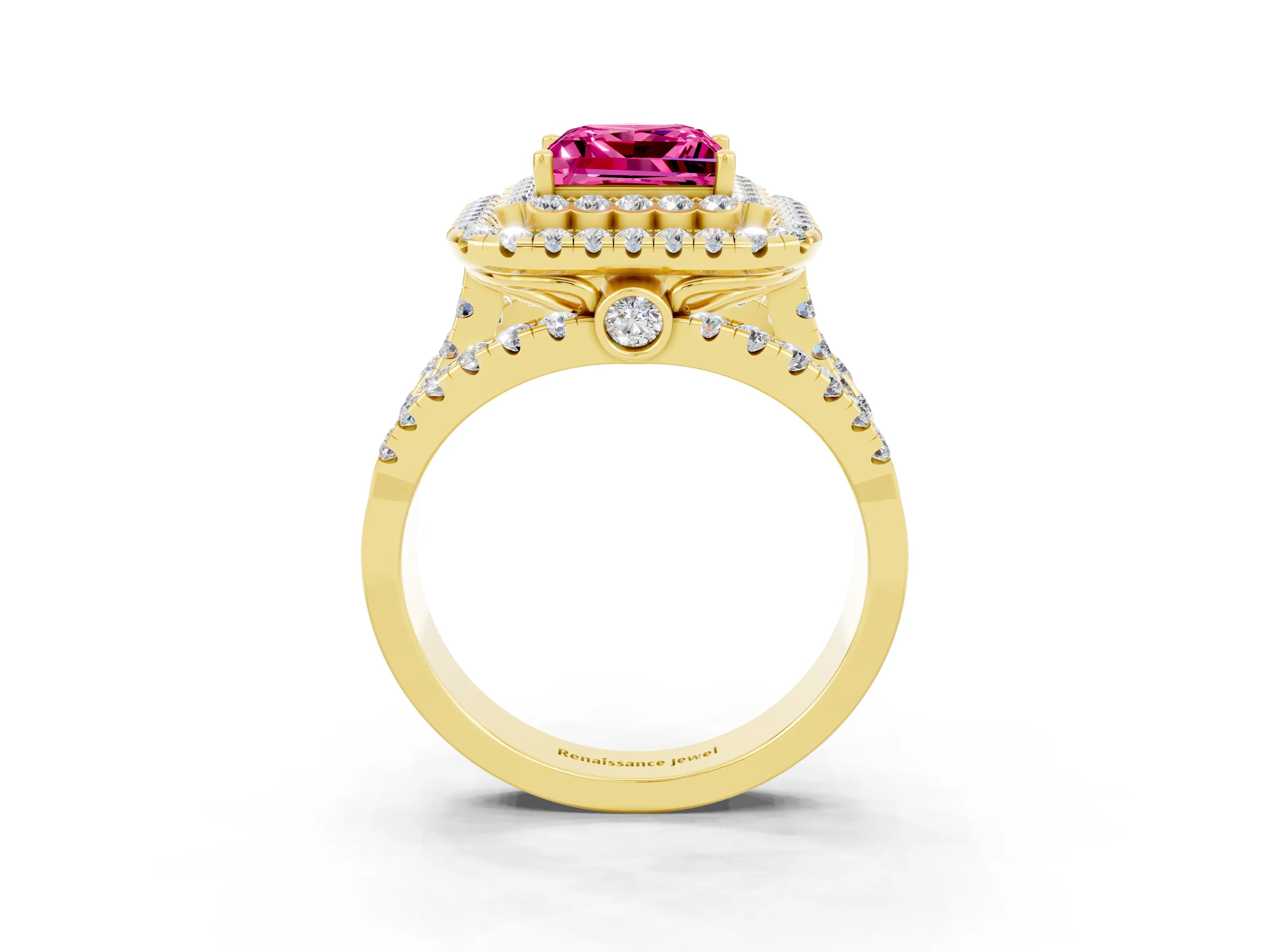 Yellow gold Double Halo Princess Cut Diamond Split Shank Pave Set Ring_3