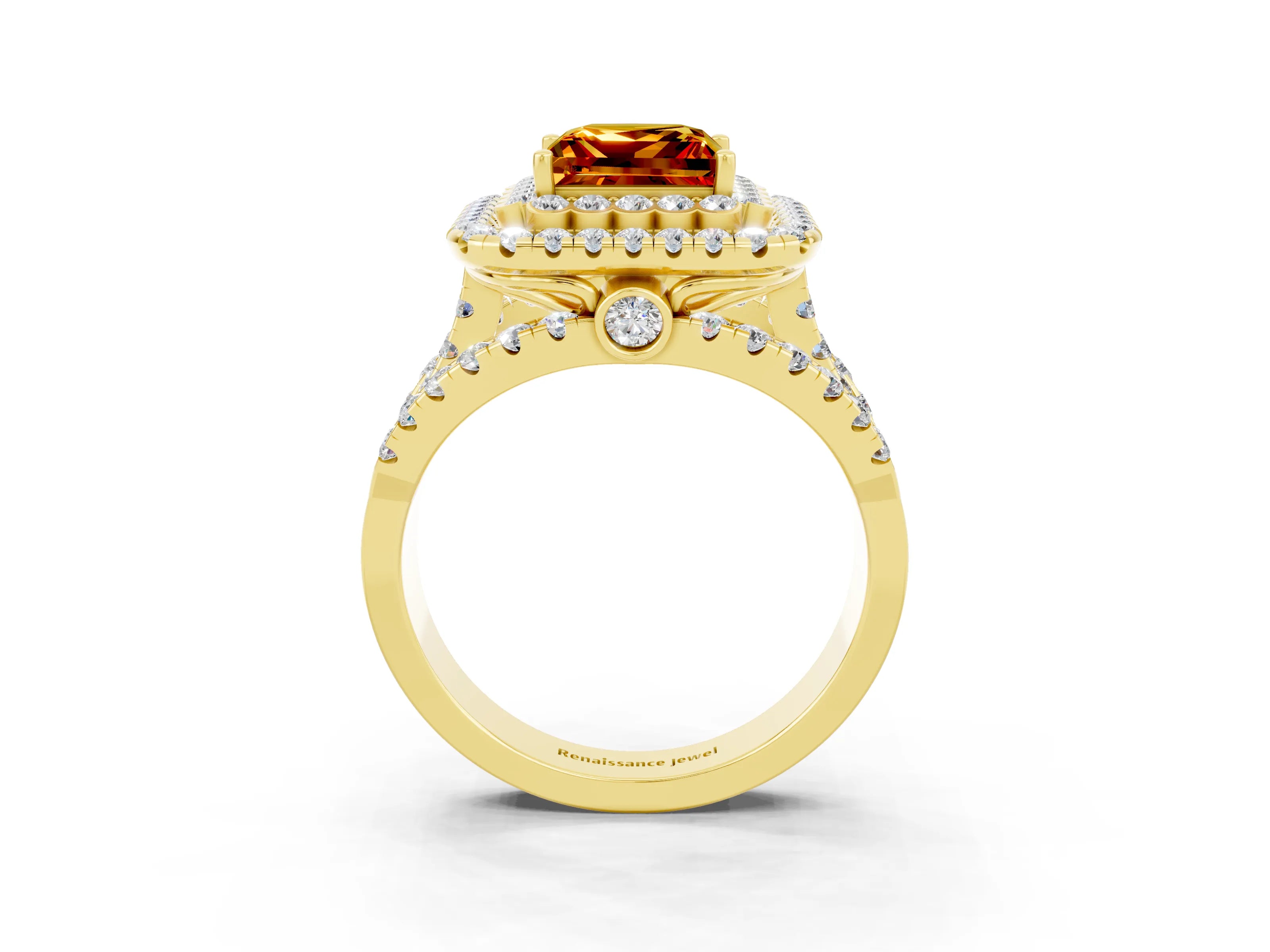Yellow gold Double Halo Princess Cut Diamond Split Shank Pave Set Ring_3