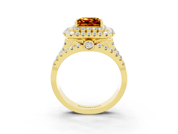 Yellow gold Princess Cut Citrine Double Halo Ring with Round Pavé Split Shank and Prong Setting
