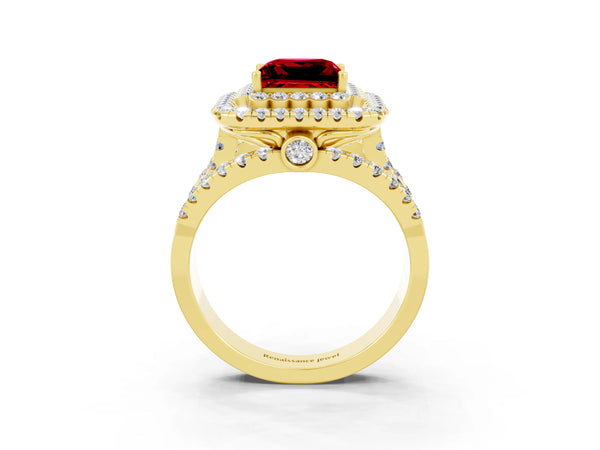Yellow gold Double Halo Princess Cut Diamond Split Shank Pave Set Ring