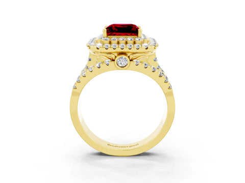 Yellow gold Double Halo Princess Cut Diamond Split Shank Pave Set Ring_3