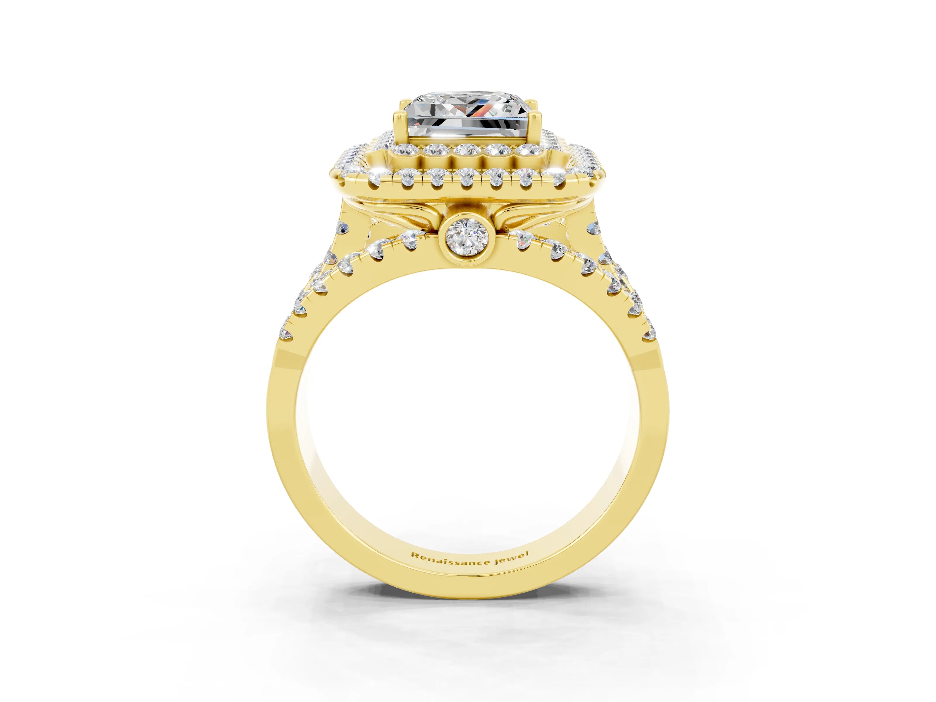 Yellow gold Double Halo Princess Cut Diamond Split Shank Pave Set Ring_3
