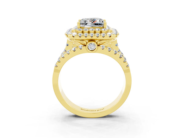Yellow gold Princess Cut Moissanite Double Halo Ring with Round Pavé Split Shank and Prong Setting