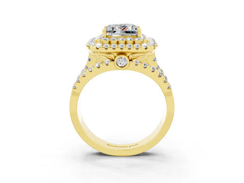 Yellow gold Double Halo Princess Cut Diamond Split Shank Pave Set Ring_3