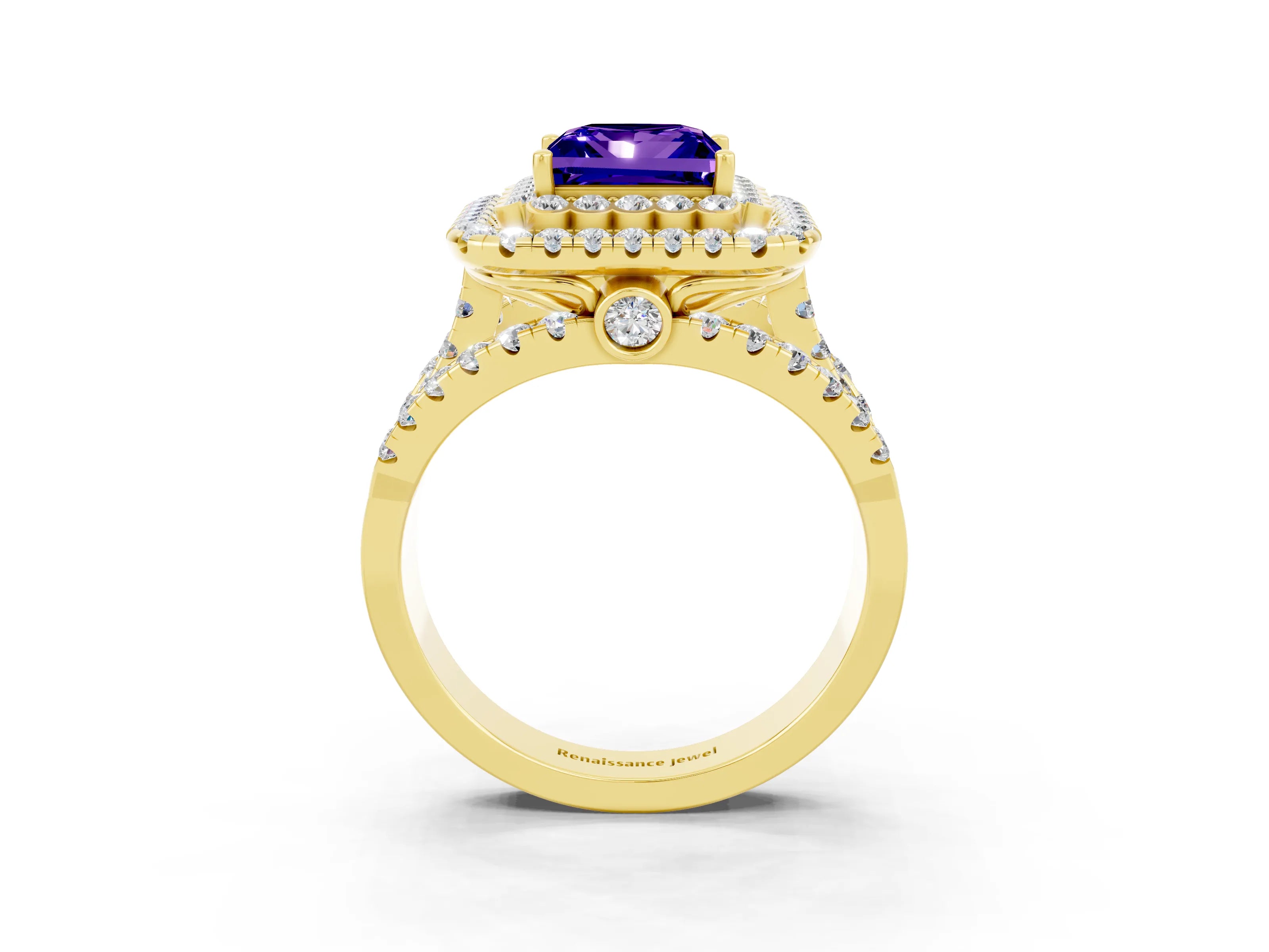 Yellow gold Double Halo Princess Cut Diamond Split Shank Pave Set Ring_3