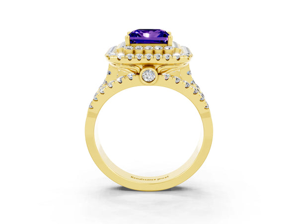 Yellow gold Princess Cut Tanzanite Double Halo Ring with Round Pavé Split Shank and Prong Setting