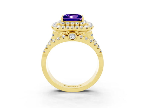 Yellow gold Double Halo Princess Cut Diamond Split Shank Pave Set Ring_3