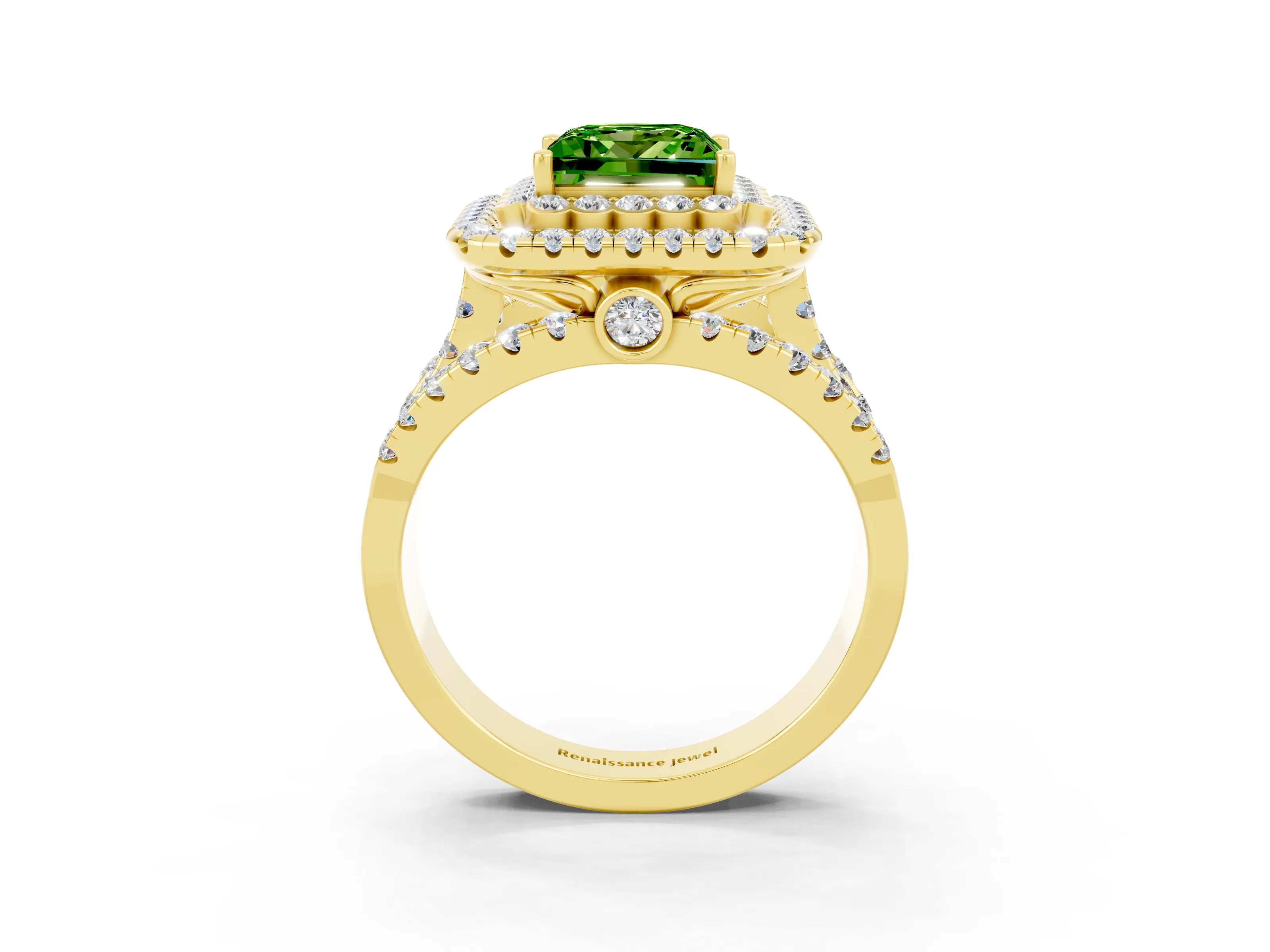 Yellow gold Double Halo Princess Cut Diamond Split Shank Pave Set Ring_3