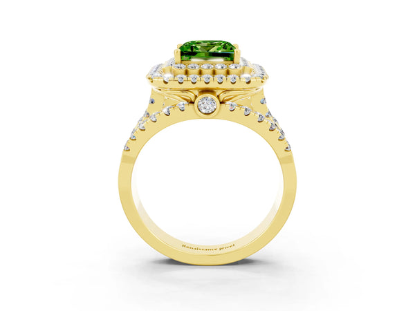 Yellow gold Double Halo Princess Cut Diamond Split Shank Pave Set Ring