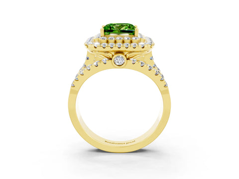 Yellow gold Double Halo Princess Cut Diamond Split Shank Pave Set Ring_3
