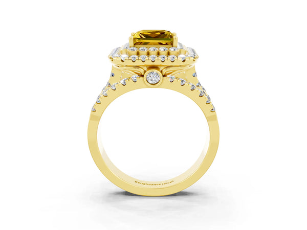 Yellow gold Princess Cut Yellow Sapphire Double Halo Ring with Round Pavé Split Shank and Prong Setting