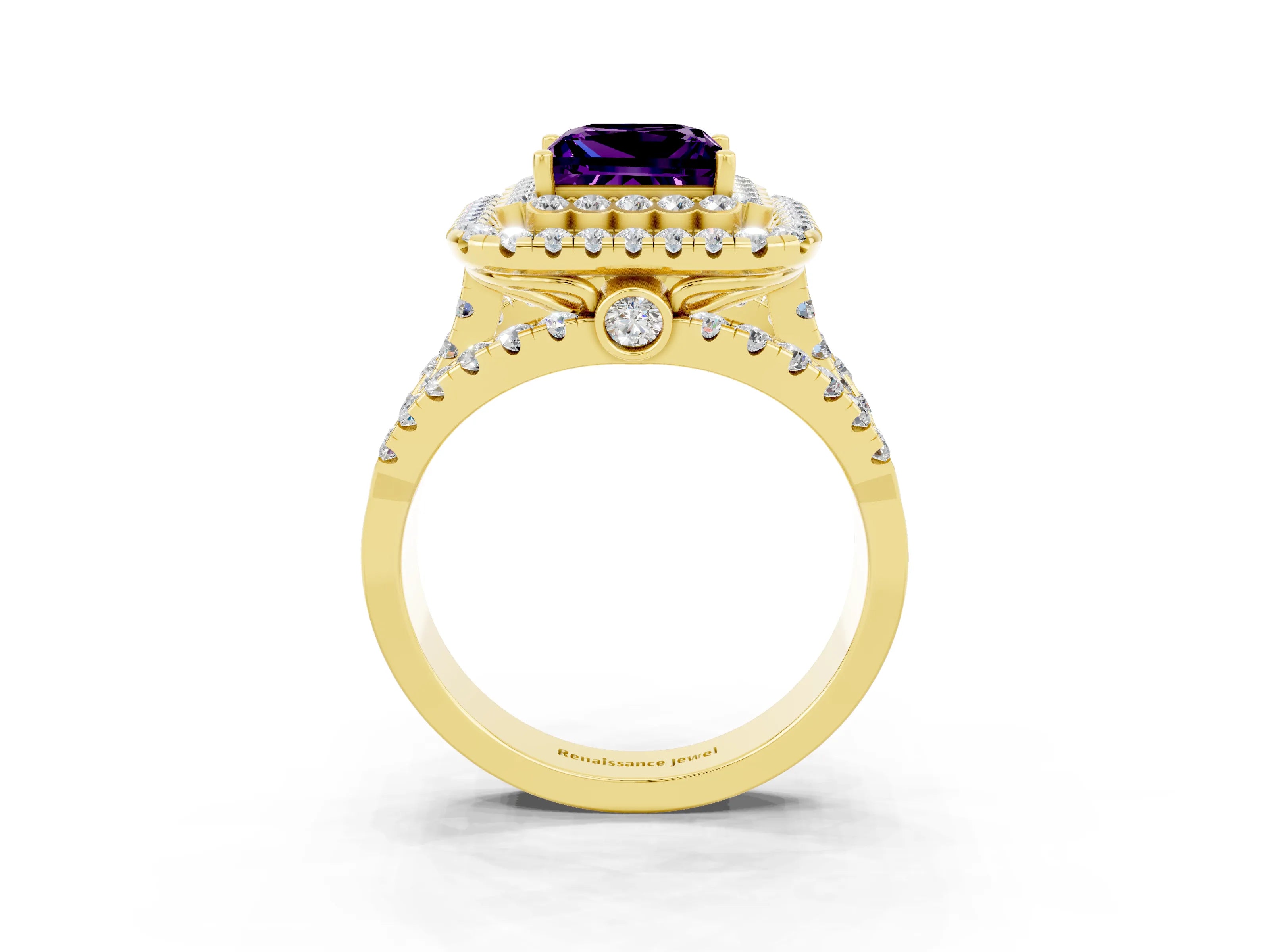 Yellow gold Double Halo Princess Cut Diamond Split Shank Pave Set Ring_3