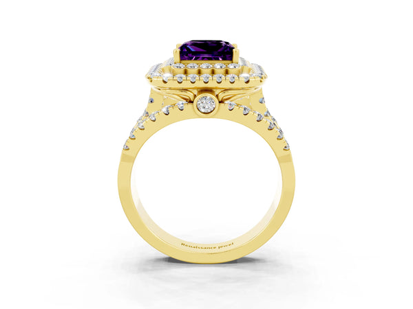 Yellow gold Princess Cut Amethyst Double Halo Ring with Round Pavé Split Shank and Prong Setting