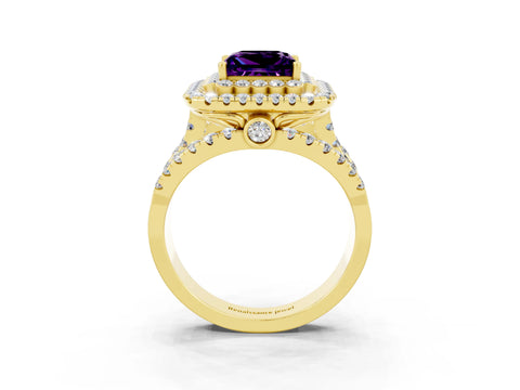 Yellow gold Double Halo Princess Cut Diamond Split Shank Pave Set Ring_3