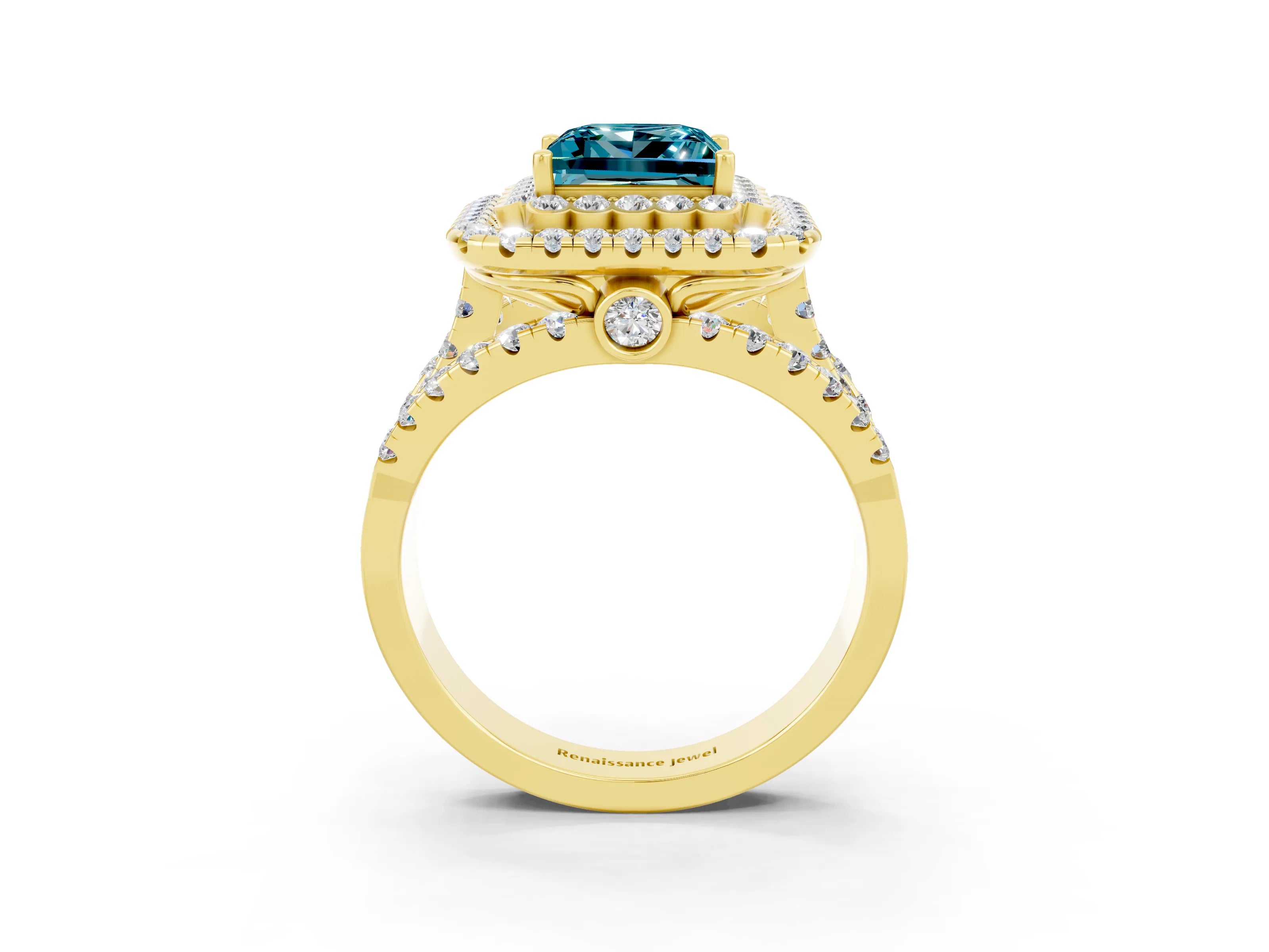 Yellow gold Double Halo Princess Cut Diamond Split Shank Pave Set Ring_3