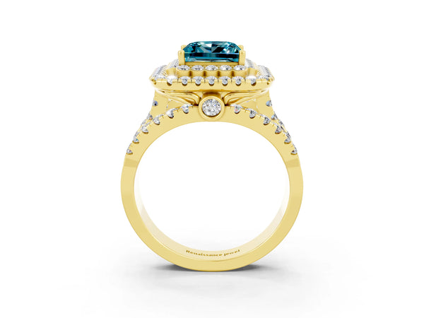 Yellow gold Double Halo Princess Cut Diamond Split Shank Pave Set Ring