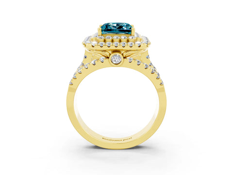 Yellow gold Double Halo Princess Cut Diamond Split Shank Pave Set Ring_3