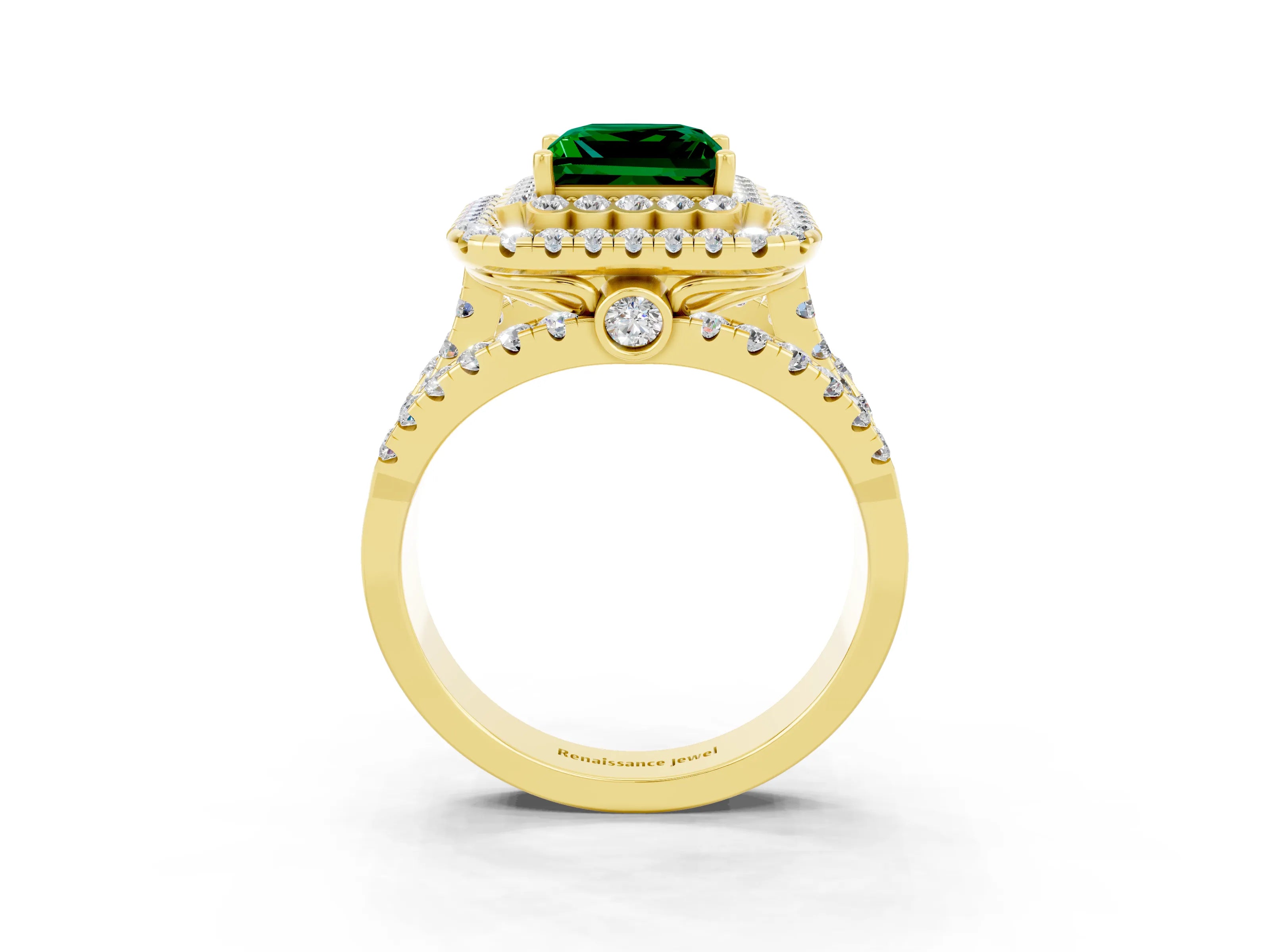 Yellow gold Double Halo Princess Cut Diamond Split Shank Pave Set Ring_3