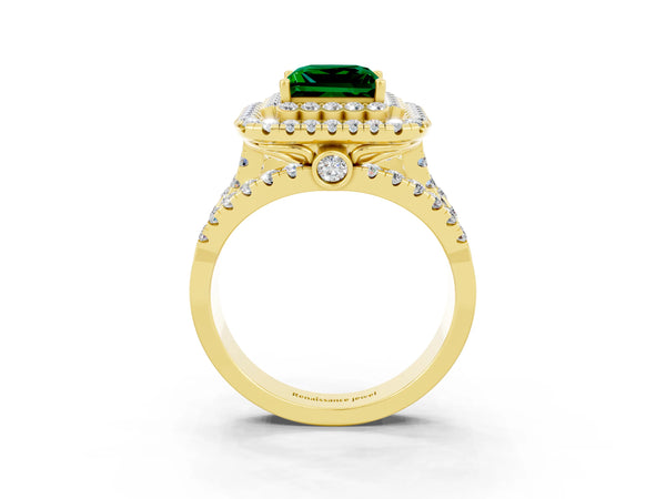 Yellow gold Princess Cut Emerald Double Halo Ring with Round Pavé Split Shank and Prong Setting