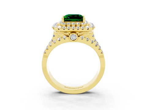 Yellow gold Double Halo Princess Cut Diamond Split Shank Pave Set Ring_3