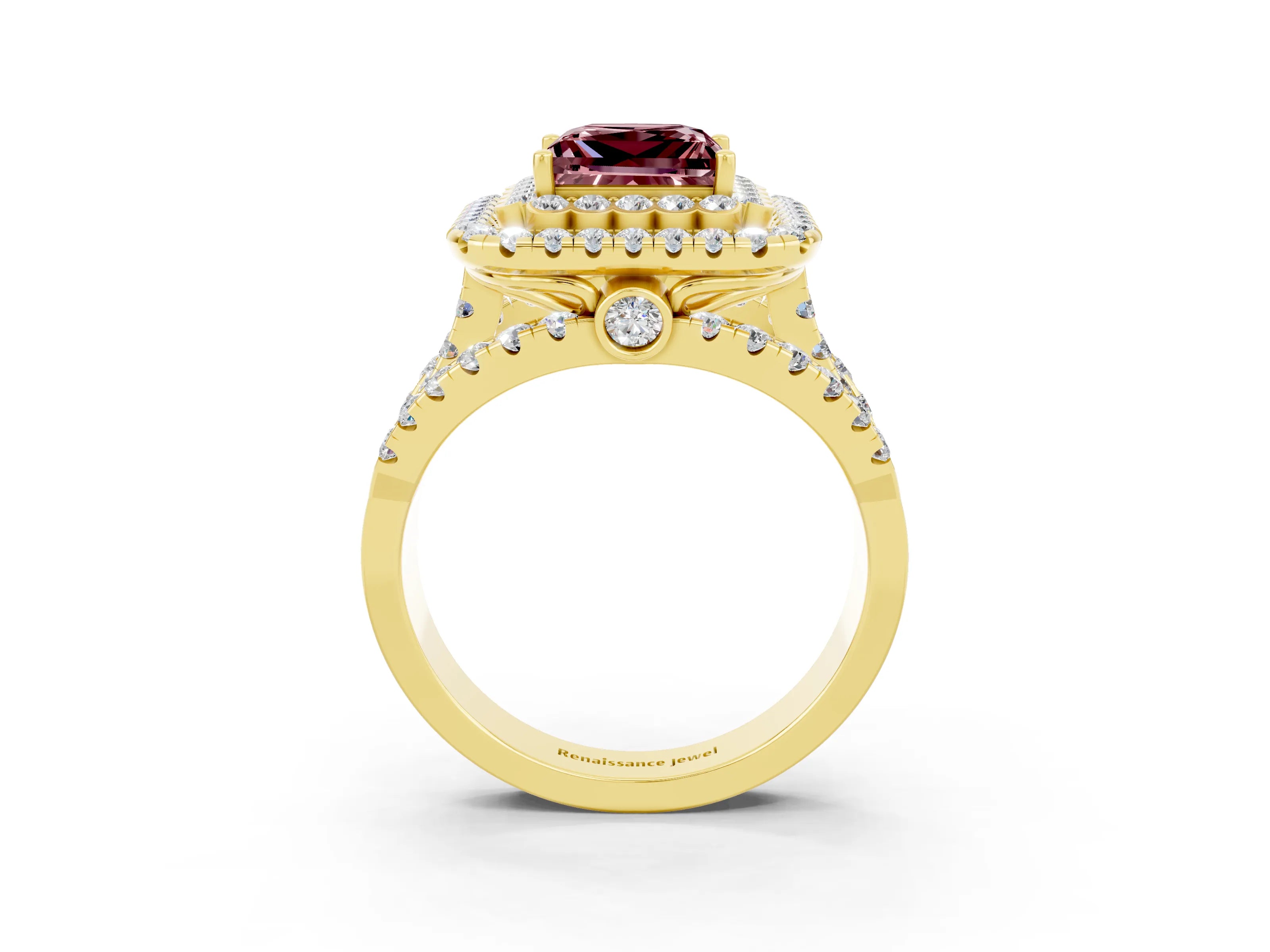 Yellow gold Double Halo Princess Cut Diamond Split Shank Pave Set Ring_3