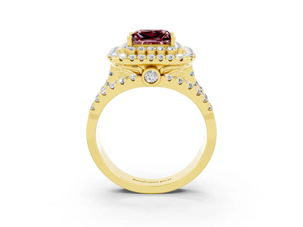 Yellow gold Double Halo Princess Cut Diamond Split Shank Pave Set Ring