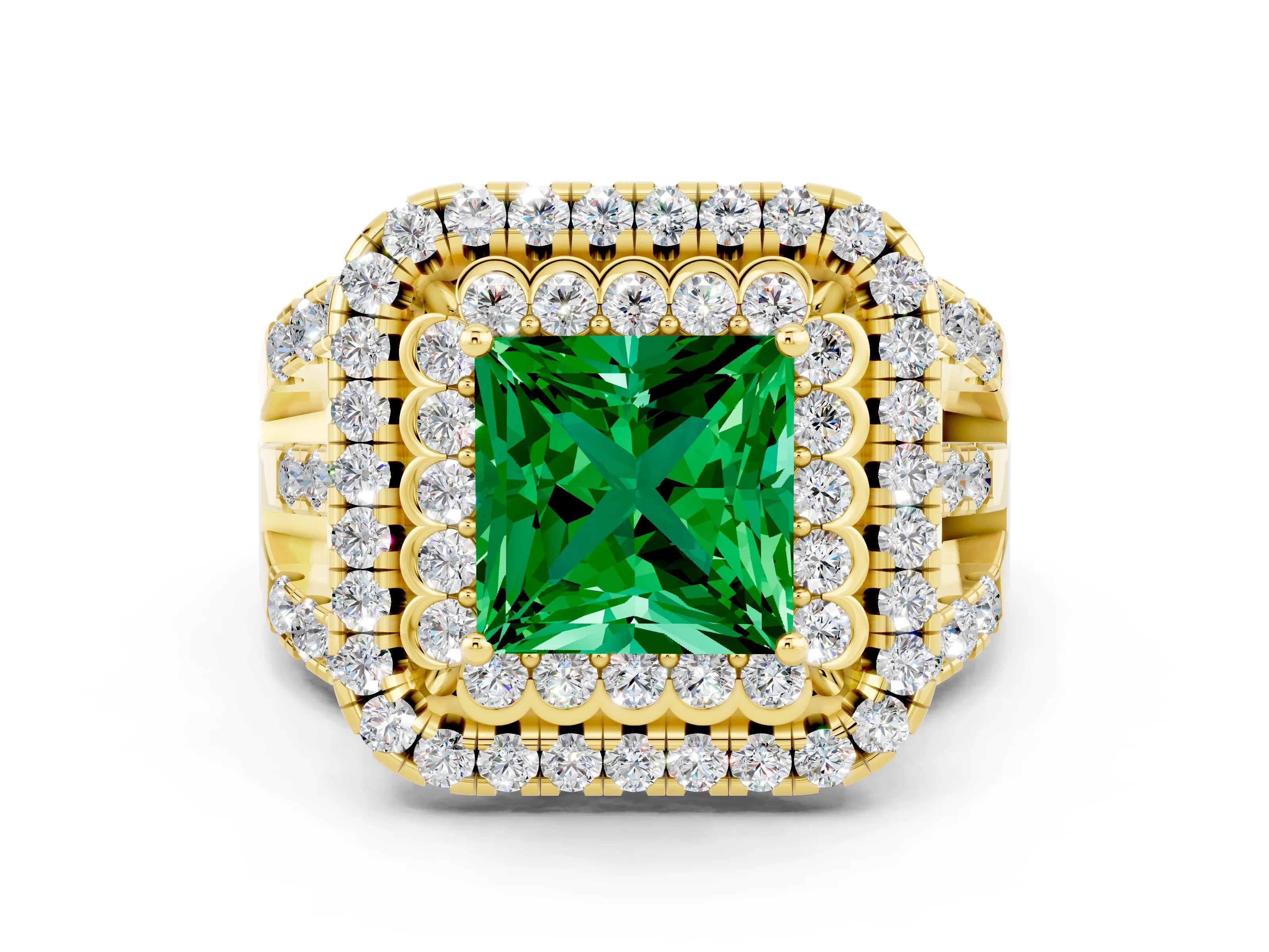Yellow gold Double Halo Princess Cut Diamond Split Shank Pave Set Ring