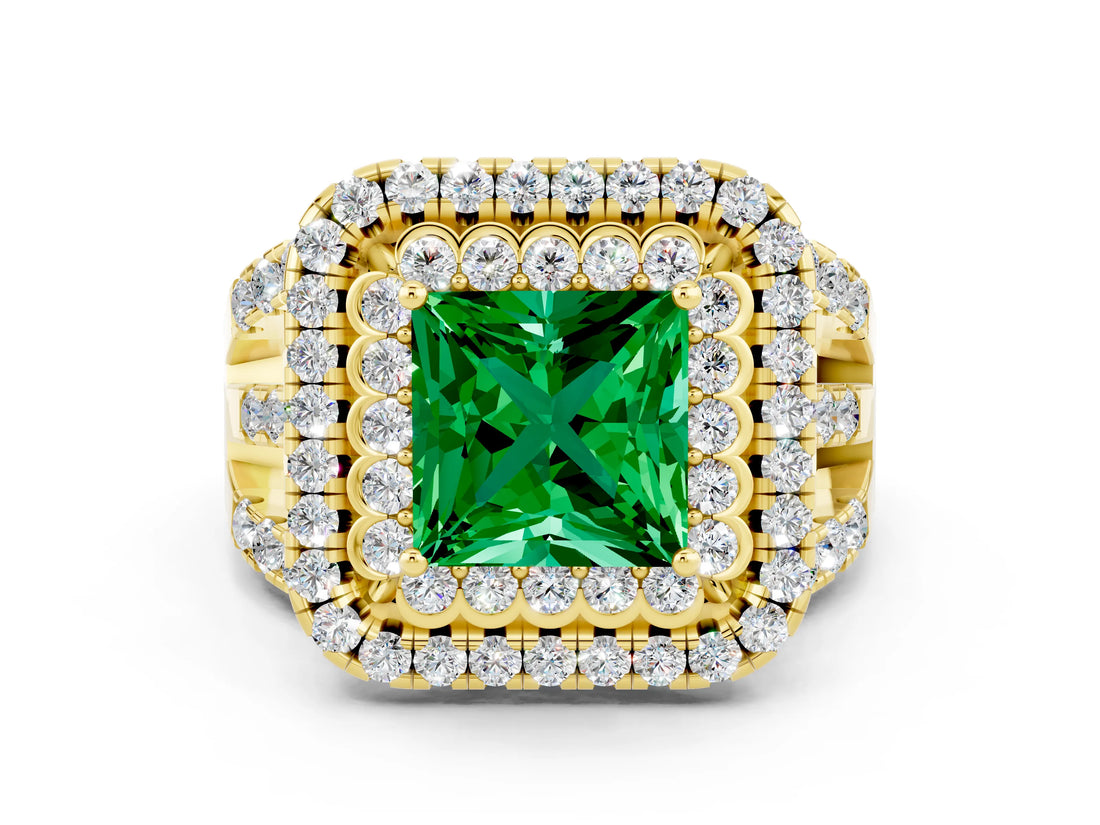 Yellow gold Double Halo Princess Cut Diamond Split Shank Pave Set Ring