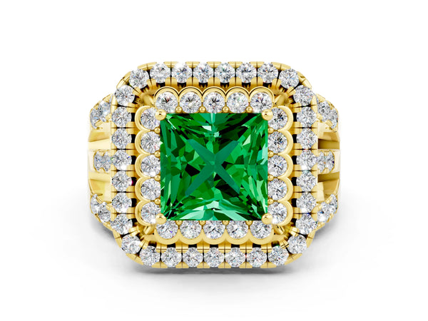 Yellow gold Princess Cut Emerald Double Halo Ring with Round Pavé Split Shank and Prong Setting